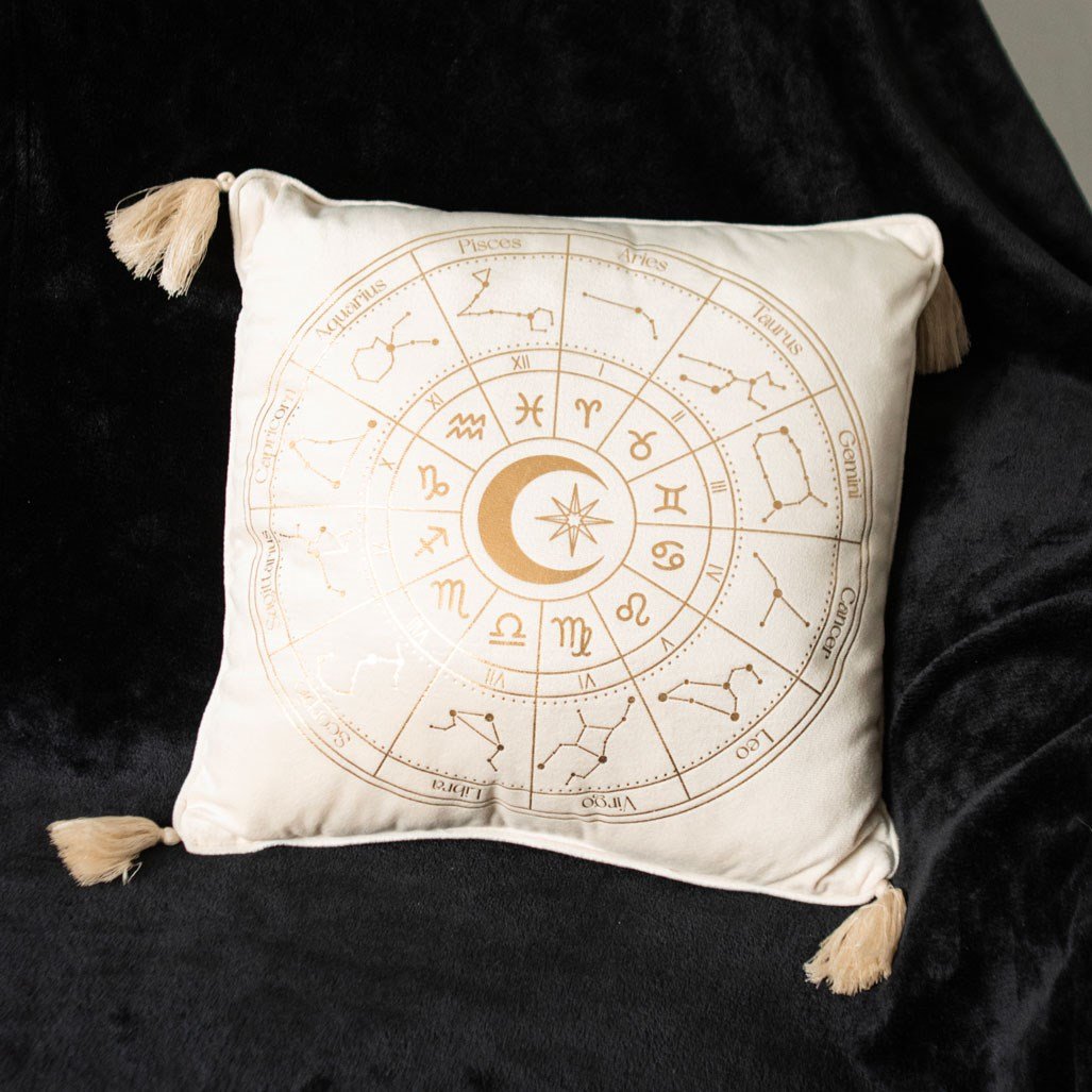 Astrology Wheel Off White Square Polyester Cushion