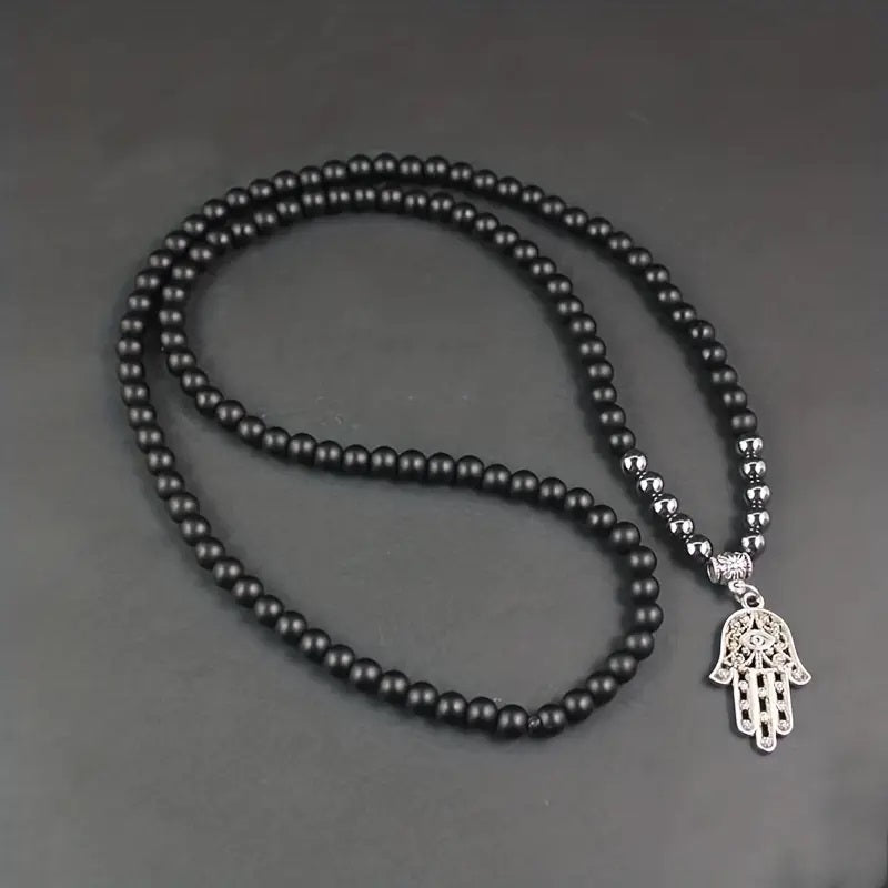 Classic Black Matte Stone Beaded Chain Silvery Hamsa Pendant