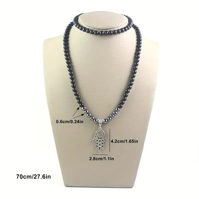 Classic Black Matte Stone Beaded Chain Silvery Hamsa Pendant