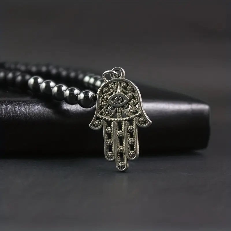 Classic Black Matte Stone Beaded Chain Silvery Hamsa Pendant