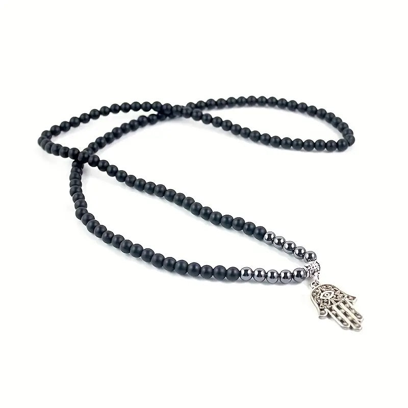 Classic Black Matte Stone Beaded Chain Silvery Hamsa Pendant