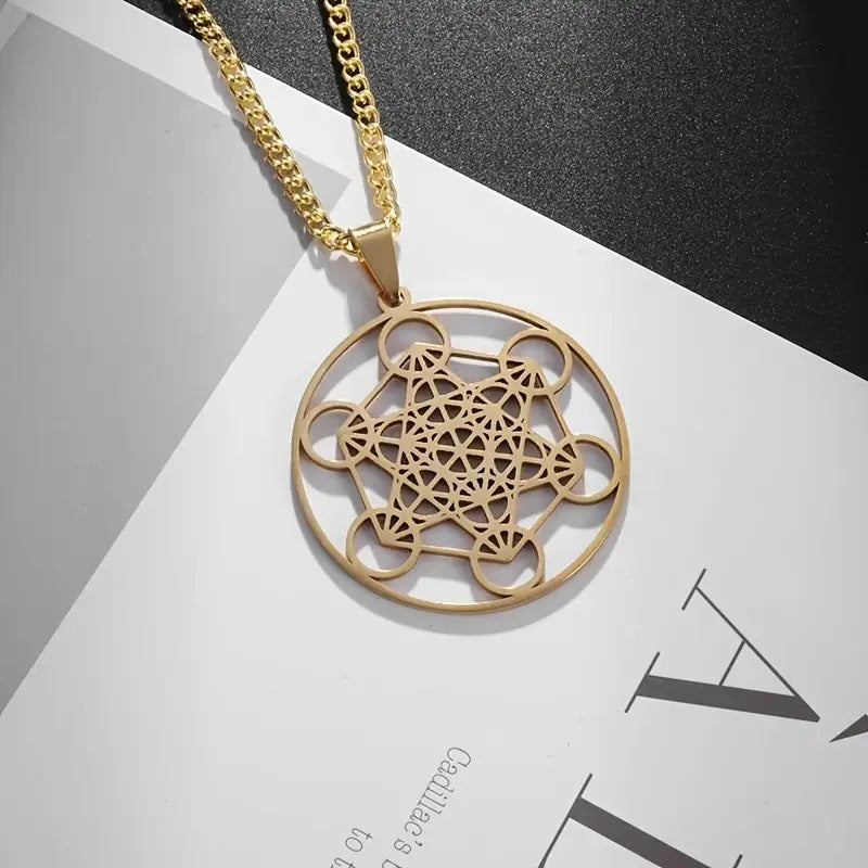 Sacred Geometry Metatron Cube Necklace Pendant Black Gold